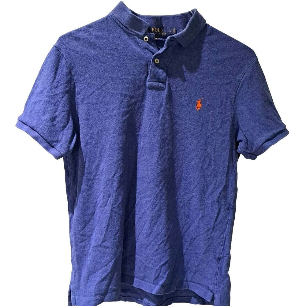 Polo Ralph Lauren Vintage Polo Shirt Men's Blue Slim Fit Orange Pony Size Large